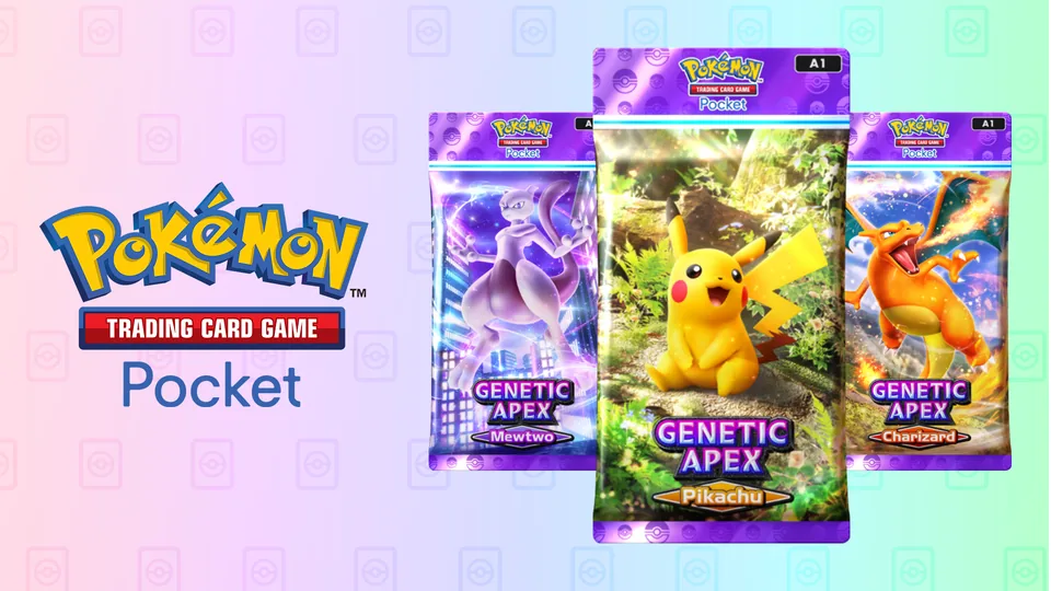 Pokemon TCG Pocket logo beside three Genetic Apex booster packs featuring Mewtwo, Pikachu, and Charizard cover art