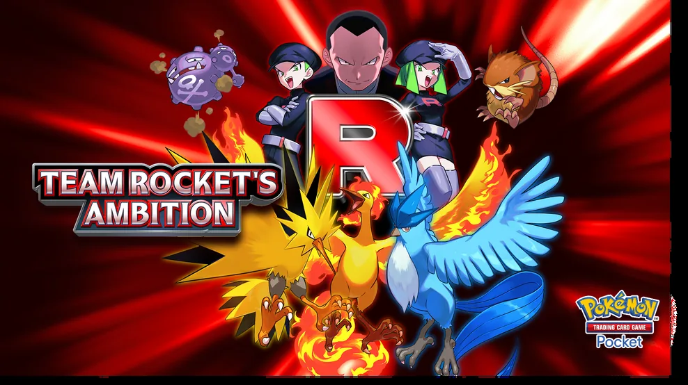Official Team Rocket's Ambition key art with Giovanni and two Team Rocket grunts behind the Team Rocket R logo, flanked by Zapdos, Moltres, Articuno, Koffing, and Raticate