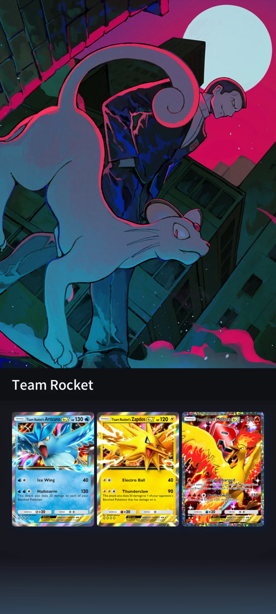 Team Rocket's Articuno ex, Zapdos ex, and Moltres ex cards showing HP totals and attack names with damage numbers