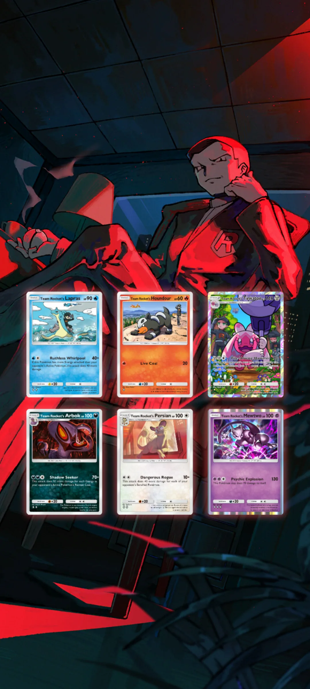 Team Rocket's Lapras, Houndour, Tinkaton, Arbok, Persian, and Mewtwo cards arranged in a grid, each showing HP and attack text