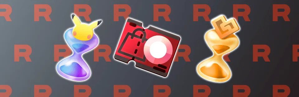Team Rocket's Ambition branding artwork with three item icons over a repeating Team Rocket R pattern