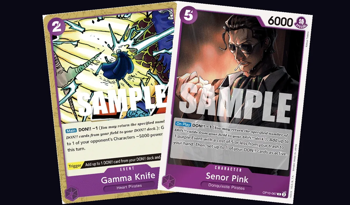 Gamma Knife and Senor Pink cards side by side, showing the -5000 power removal effect and the Purple Event recursion effect printed on each