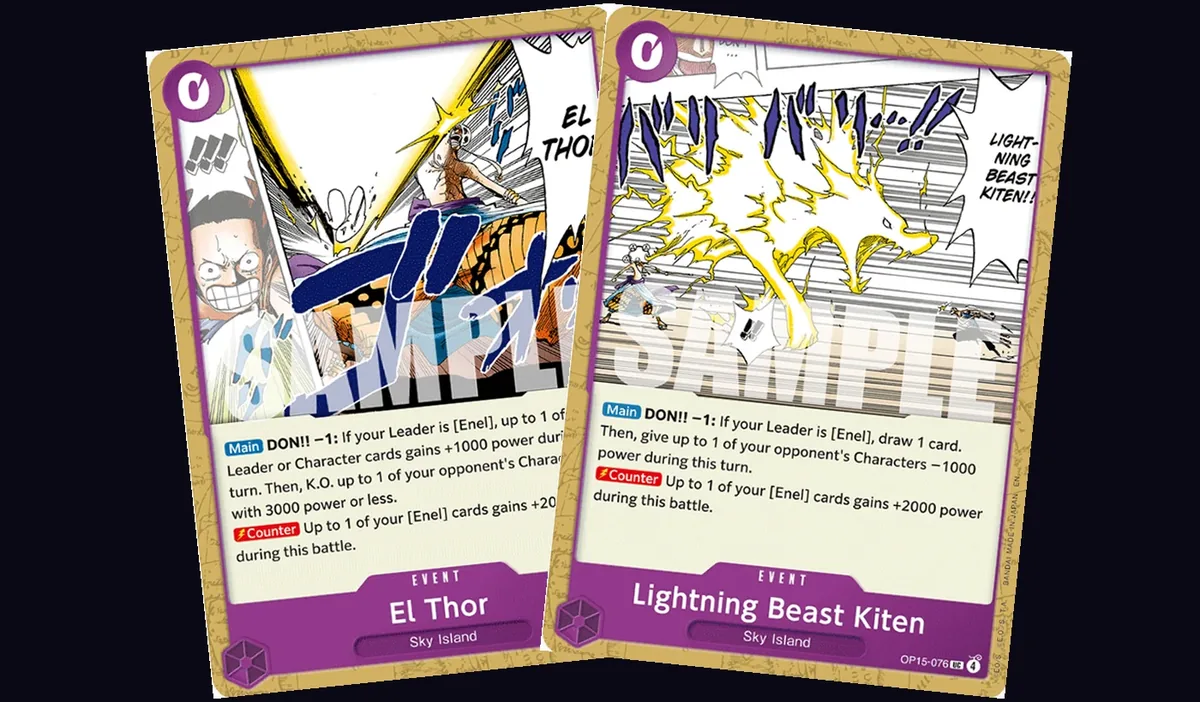 El Thor and Lightning Beast Kiten event cards side by side, both showing their Main DON!!-1 power-gain effect and shared Counter text boosting an Enel card