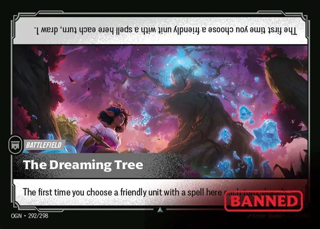 Official Riftbound card image of The Dreaming Tree with Riot's red banned stamp