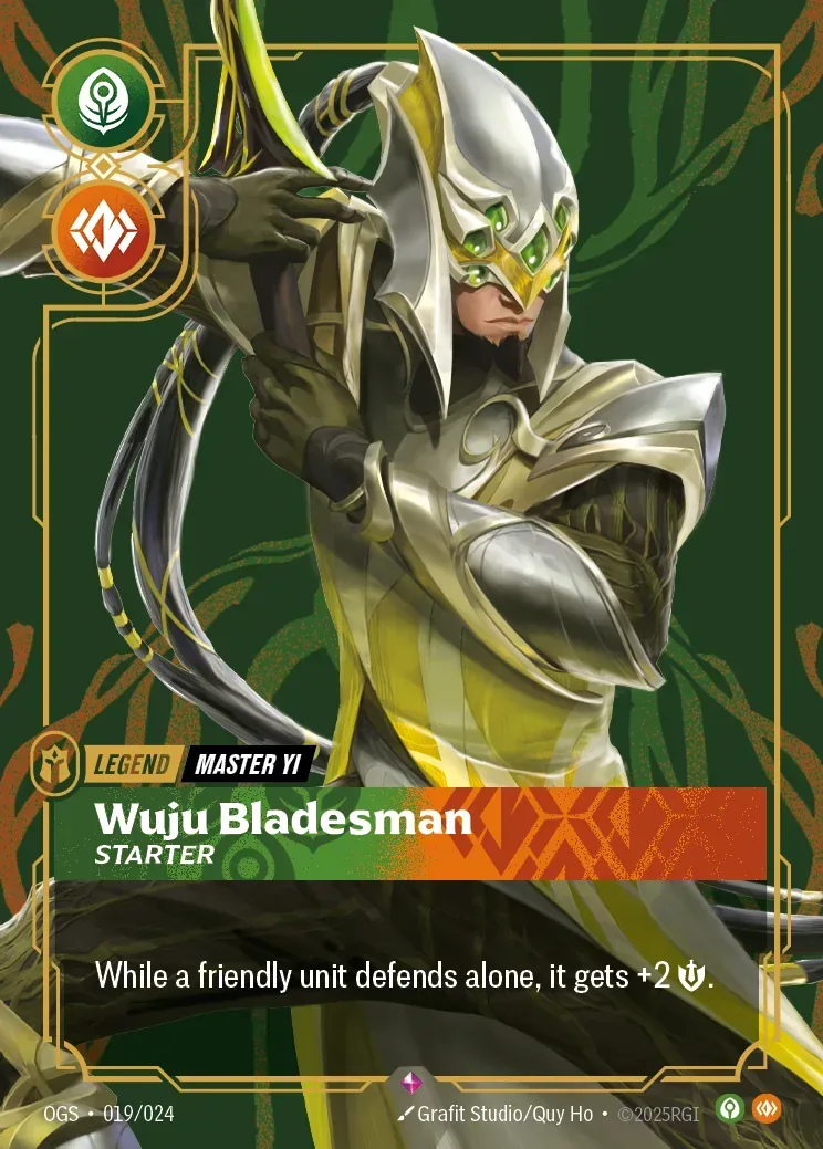 Official Riftbound Master Yi card image labeled Wuju Bladesman Starter from Proving Grounds