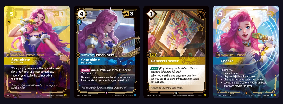 Four cards from the Riftbound Seraphine Showdown deck: Seraphine Not Alone, Seraphine Inspiring, Concert Poster and the Encore signature spell