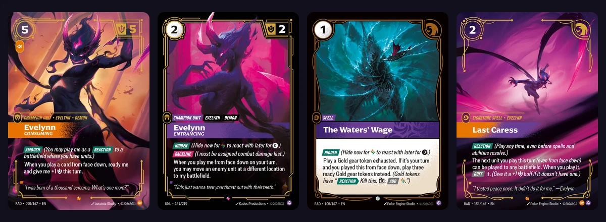 Four cards from the Riftbound Evelynn Showdown deck: Evelynn Consuming, Evelynn Entrancing, The Waters' Wage and the Last Caress signature spell