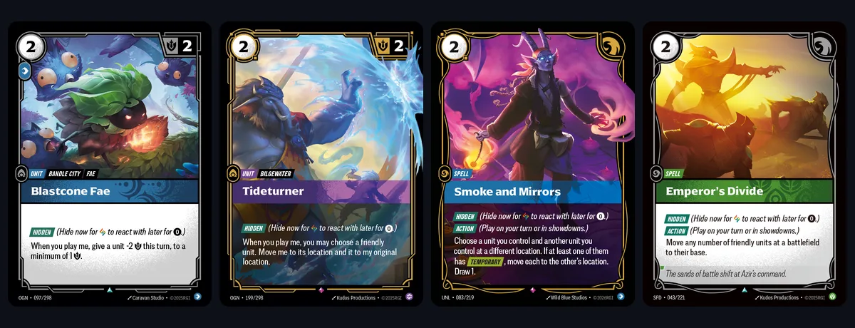 Four Riftbound Hidden cards used in the rules' targeting examples: Blastcone Fae, Tideturner, Smoke and Mirrors and Emperor's Divide