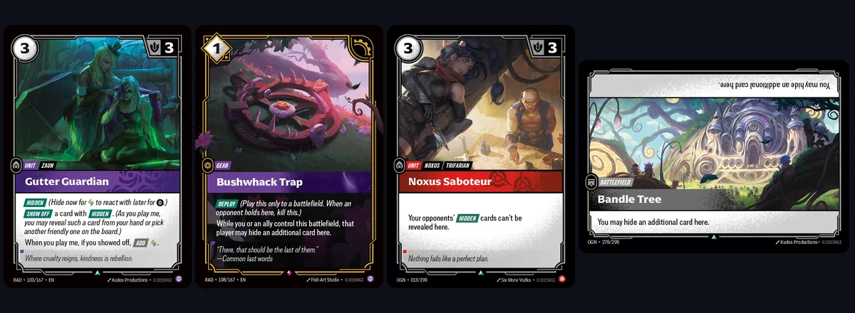 Riftbound cards that change how Hidden works: Gutter Guardian, Bushwhack Trap, Noxus Saboteur and the Bandle Tree battlefield
