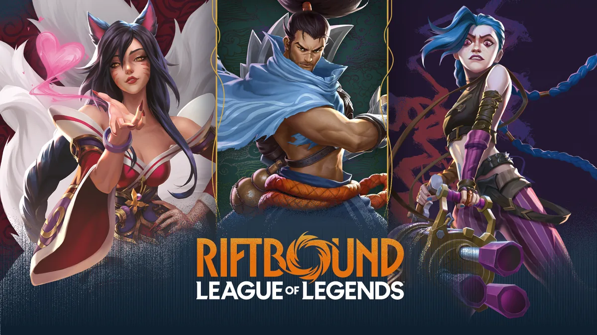 Official Riftbound: League of Legends key art showing three champions above the game's logo
