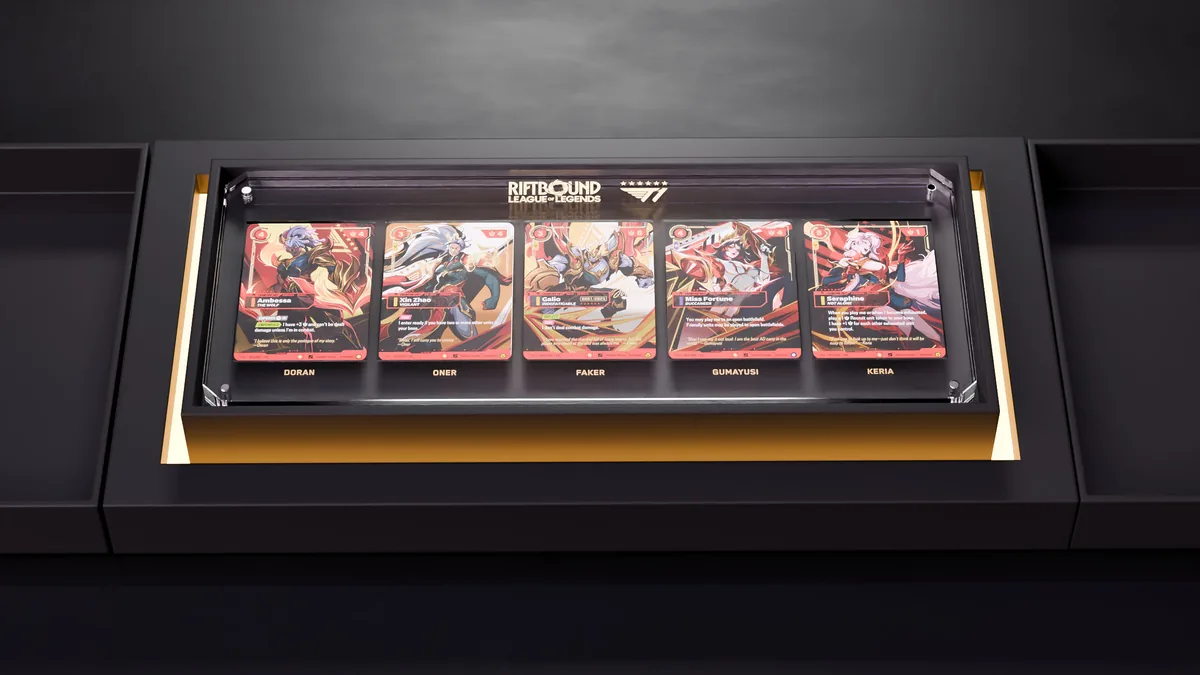 Five Riftbound Unit cards from the T1 2025 Worlds Champion Collection, each showing its printed Energy cost, Might, and ability text