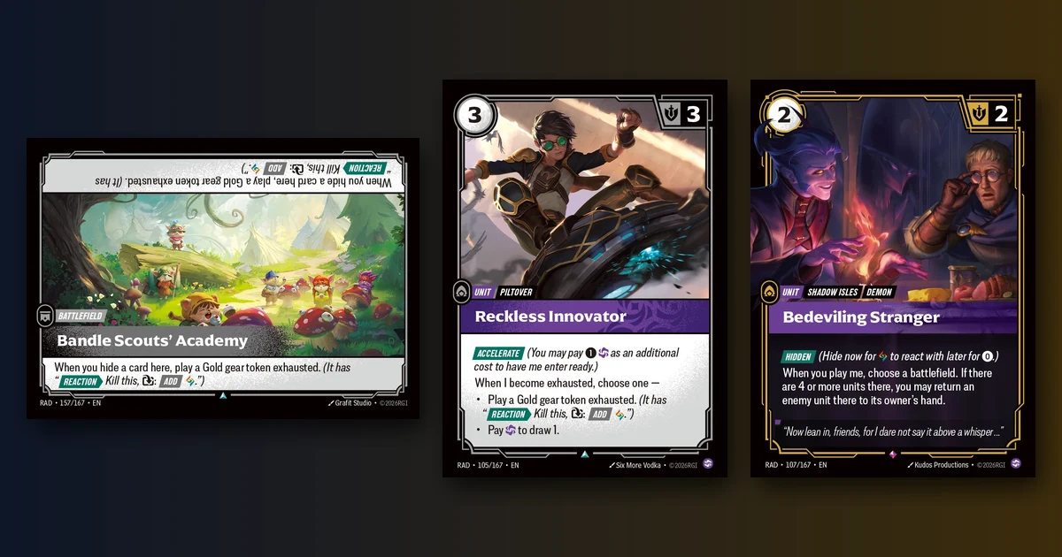 Radiance cards Bandle Scouts' Academy, Reckless Innovator and Bedeviling Stranger side by side