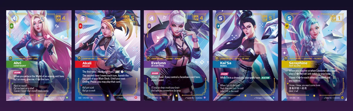 The five Riftbound Radiance K/DA Special cards: Ahri Confident, Akali Brash, Evelynn In Control, Kai'Sa Rebel and Seraphine Not Alone, in pink, blue and silver K/DA stage art