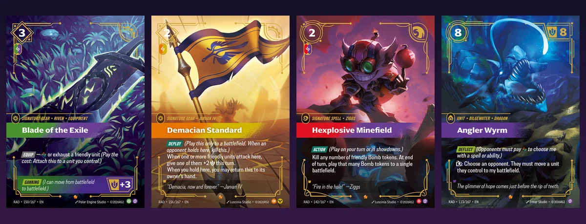 Four Riftbound Radiance Epics: Blade of the Exile, Demacian Standard, Hexplosive Minefield and Angler Wyrm, with their card text