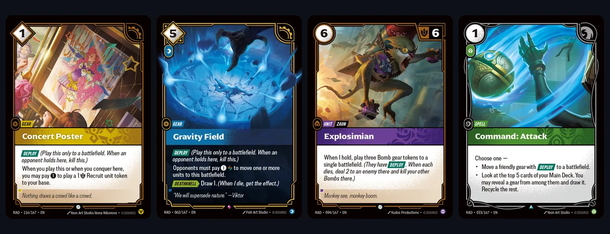 Four Riftbound Radiance cards built around Deploy: Concert Poster, Gravity Field, Explosimian and Command: Attack