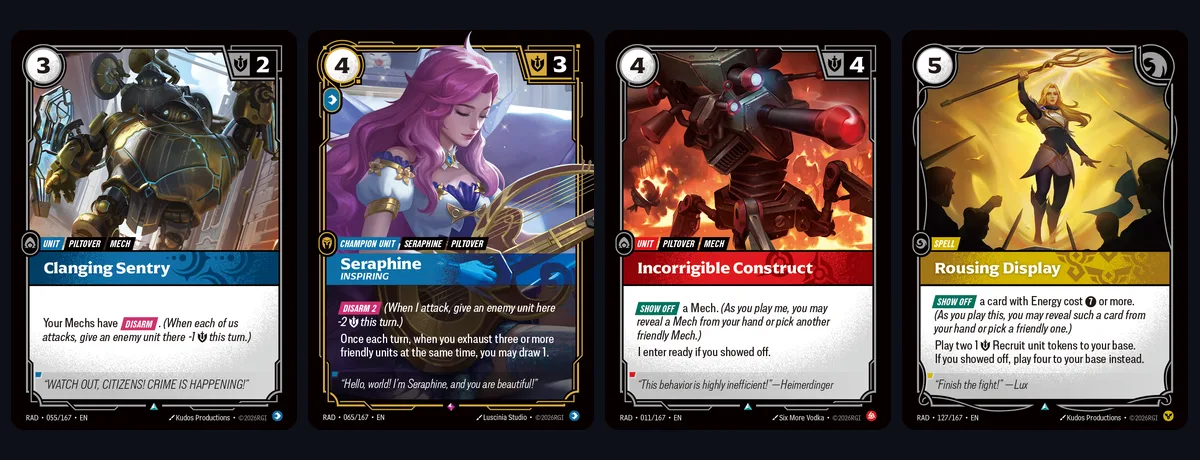 Riftbound Radiance cards with Disarm and Show Off: Clanging Sentry, Seraphine Inspiring, Incorrigible Construct and Rousing Display