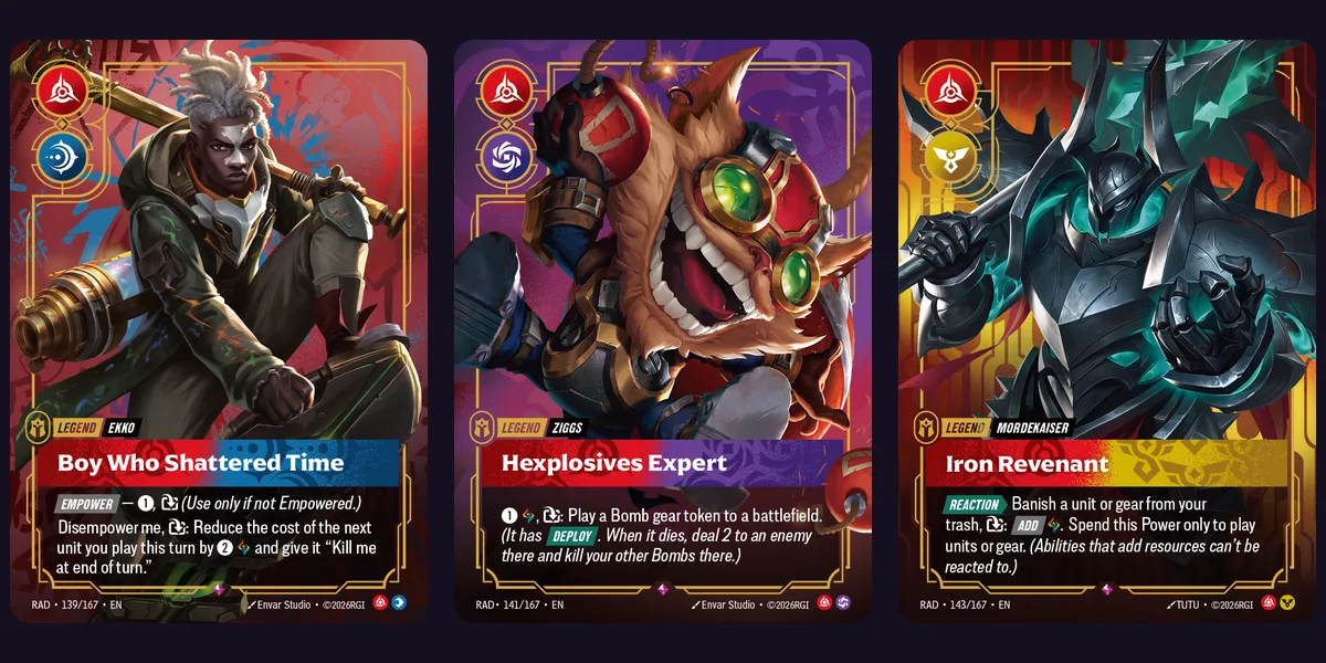 Ekko Boy Who Shattered Time, Ziggs Hexplosives Expert and Mordekaiser Iron Revenant Legend cards with full ability text