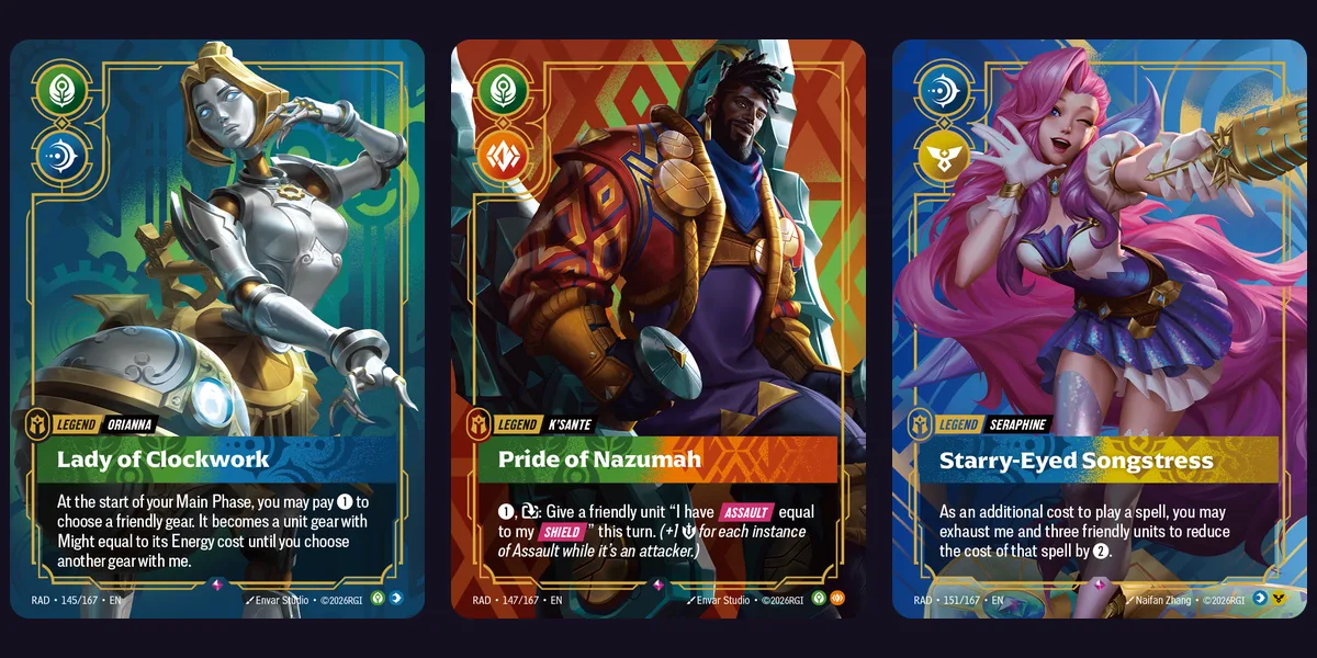 Orianna Lady of Clockwork, K'Sante Pride of Nazumah and Seraphine Starry-Eyed Songstress Legend cards