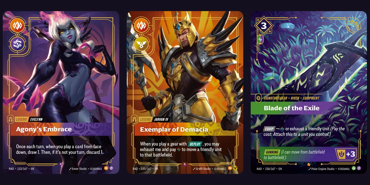 Evelynn Agony's Embrace and Jarvan IV Exemplar of Demacia Legend cards beside the Blade of the Exile Signature gear