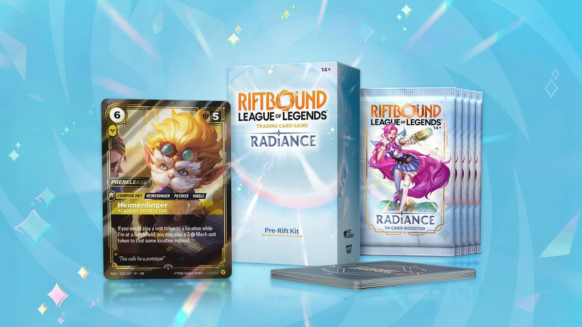 Radiance Pre-Rift Kit box beside five Radiance booster packs and the Heimerdinger, Academy Instructor prerelease promo card