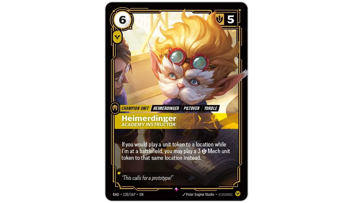 Heimerdinger, Academy Instructor prerelease promo card from Riftbound Radiance, a yellow-haired Yordle in goggles