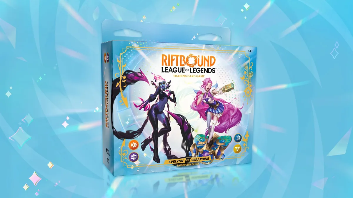 Riftbound Radiance Showdown Decks box showing Evelynn on the left and Seraphine on the right