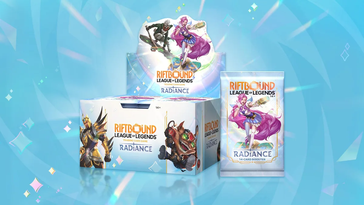 Riftbound Radiance booster display box with Ekko and Seraphine art, next to a single 14-card Radiance booster pack
