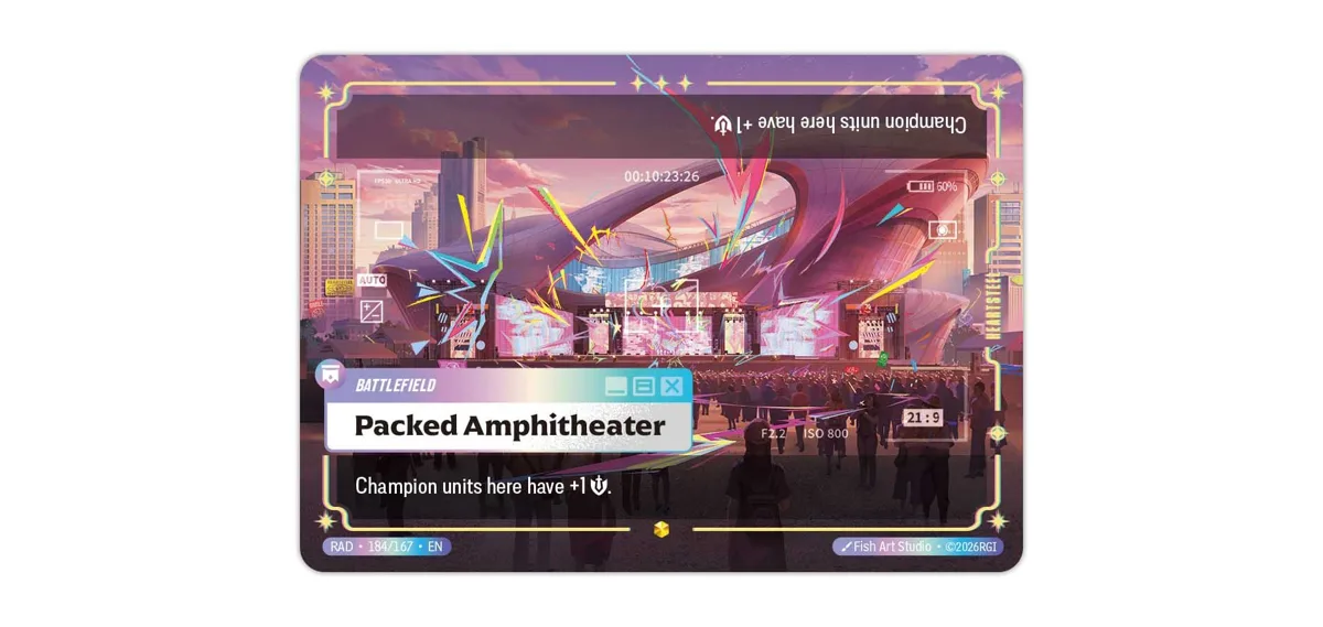 Packed Amphitheater, the Riftbound Radiance Ultimate Rare showcase Battlefield, a concert stage that gives Champion units there +1 Might