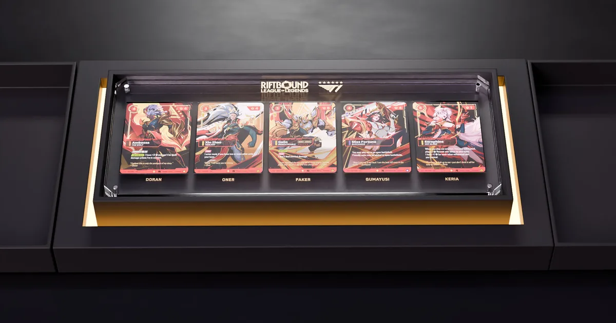Five Riftbound Unit cards from the T1 2025 Worlds Champion Collection displayed in a glass case, labeled with T1 player names