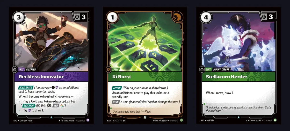 Reckless Innovator, Ki Burst and Stellacorn Herder, three cards that trigger when a unit is exhausted or moves