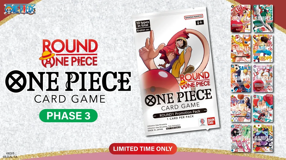 Real Round1 One Piece Card Game Phase 3 promotional artwork showing the promo pack, Luffy, and a grid of sample cards