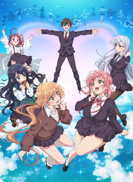 100 Girlfriends Season 1 anime cast key visual showing the main girlfriend characters Karane Hakari Nano Shizuka and others in official promotional art
