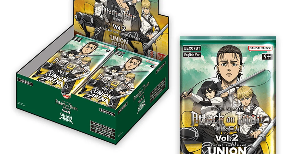 Official Union Arena Attack on Titan Vol.2 booster box and pack art featuring Final Season characters