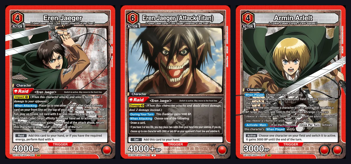 Official Union Arena cards Eren Jaeger Raid with Impact 1, Eren Jaeger Attack Titan Raid with Damage 2, and Armin Arlelt with an Active trigger