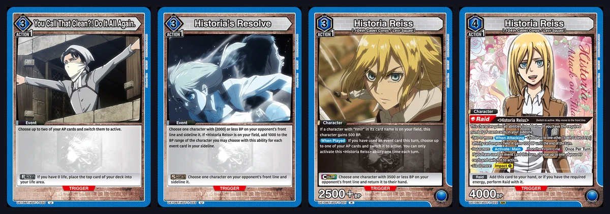 Official Union Arena cards showing four trigger types: Final on You Call That Clean, Special on Historia's Resolve, Color on Historia Reiss 021 and Raid on Historia Reiss 022
