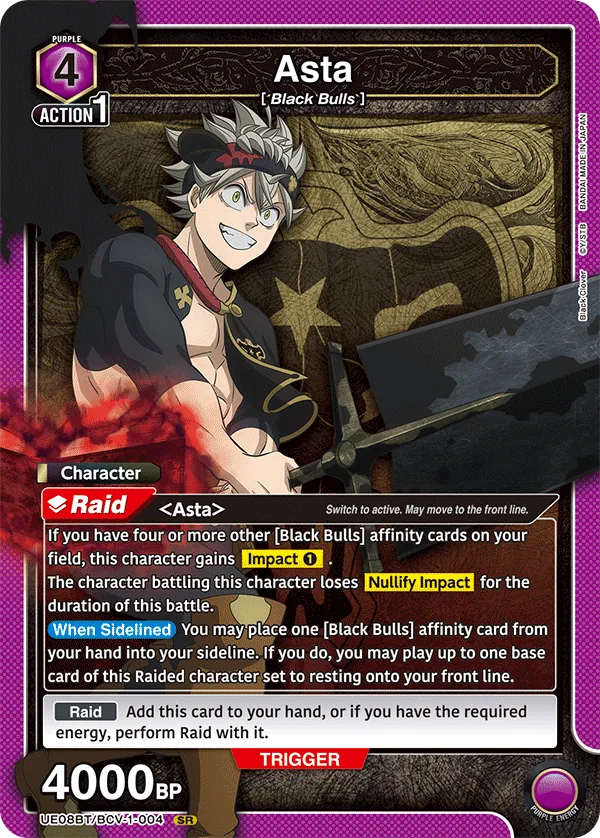Asta, UE08BT/BCV-1-004, a 4-cost Purple Black Bulls Character that gains Impact at 4+ other Black Bulls cards and strips Nullify Impact from his opponent