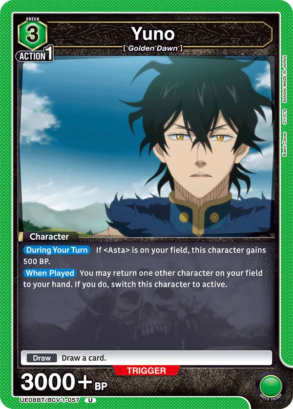 Yuno, UE08BT/BCV-1-057, a 3-cost Green Golden Dawn Character that gains 500 BP with Asta on the field and can bounce a character on When Played