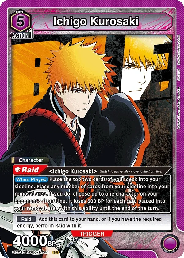 Ichigo Kurosaki, UE01BT/BLC-1-041, a 5-cost Purple Raid Character with the deck's core mill-to-removal engine