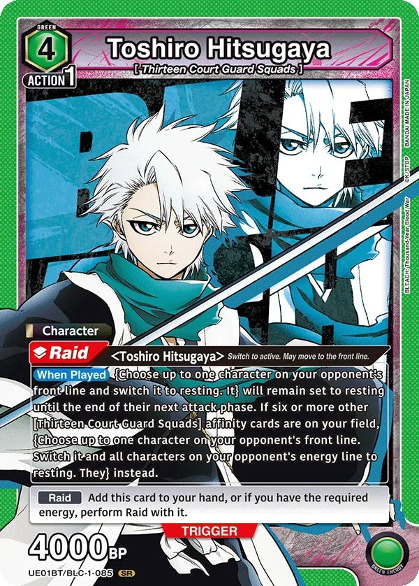 Toshiro Hitsugaya, UE01BT/BLC-1-085, a 4-cost Green Raid Character that freezes an opponent's board once enough Thirteen Court Guard Squads affinity cards are in play
