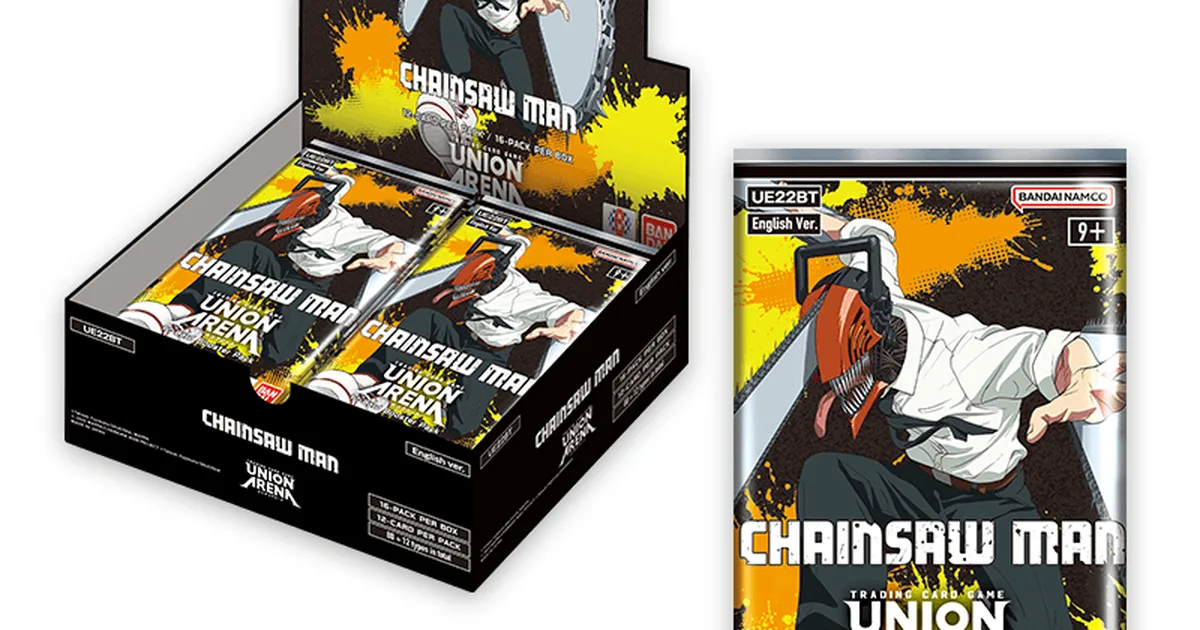 Union Arena Chainsaw Man booster box art featuring Denji in his chainsaw devil form on the official product packaging