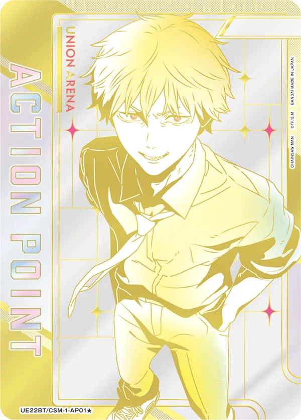 Official Union Arena Chainsaw Man Action Point card featuring Denji in gold holographic foil with the AP tier's distinct card frame