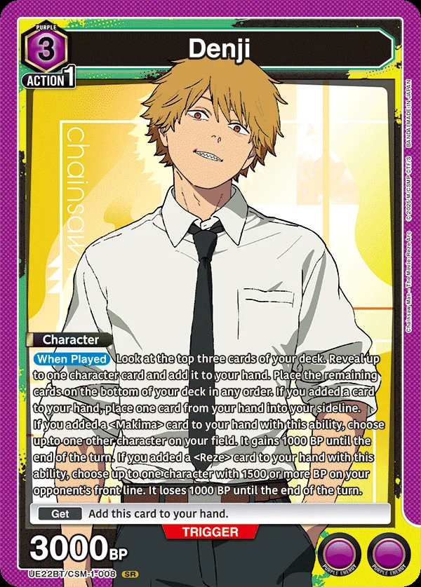 Union Arena card Denji, UE22BT/CSM-1-008: a 3-energy Purple character with 3000 BP that searches the top three cards for a character