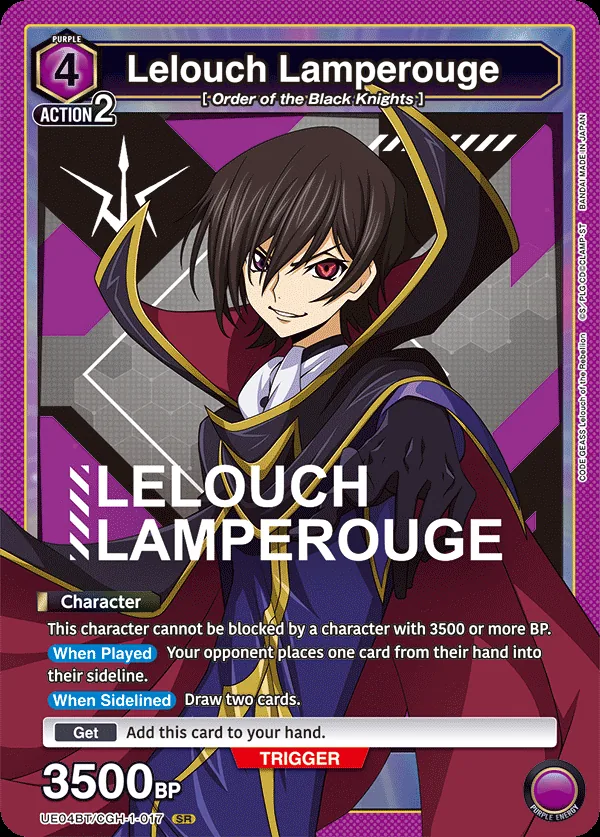 Lelouch Lamperouge, UE04BT/CGH-1-017, a 4-cost Purple Character with built-in evasion against 3500+ BP blockers and hand disruption on entry