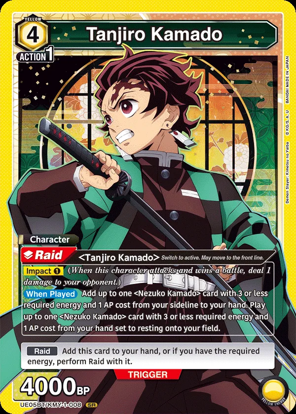 Tanjiro Kamado, UE05BT/KMY-1-008, a 4-cost Yellow Character with Impact whose When Played ability fetches and deploys a cheap Nezuko Kamado card