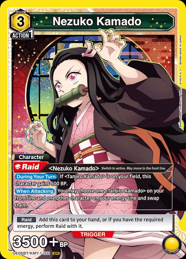 Nezuko Kamado, UE05BT/KMY-1-011, a 3-cost Yellow Character that gains 500 BP with Tanjiro on the field and can swap board positions when attacking
