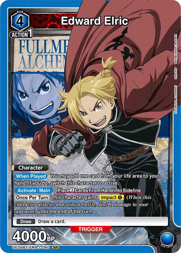 Edward Elric, UE09BT/FMA-1-040, a 4-cost Blue Character whose When Played ability trades a life card for a hand card