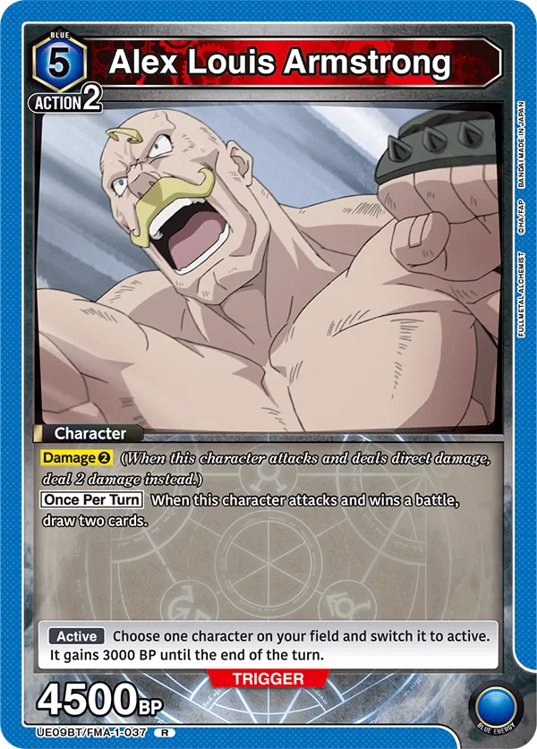 Alex Louis Armstrong, UE09BT/FMA-1-037, a 5-cost Blue Character with Damage 2 and a two-card draw on winning a battle