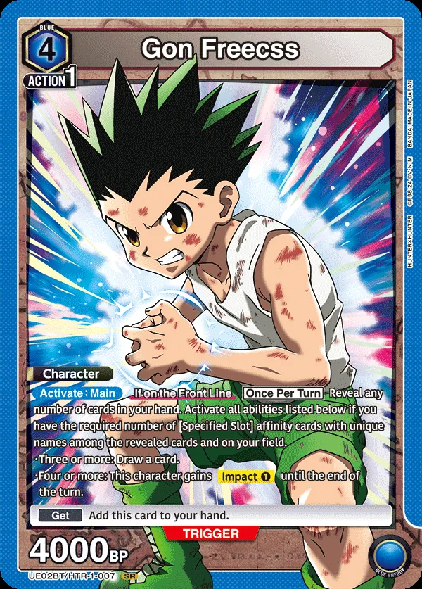 Gon Freecss, UE02BT/HTR-1-007, a 4-cost Blue Character whose Activate: Main ability reveals hand cards for a scaling draw-or-Impact payoff