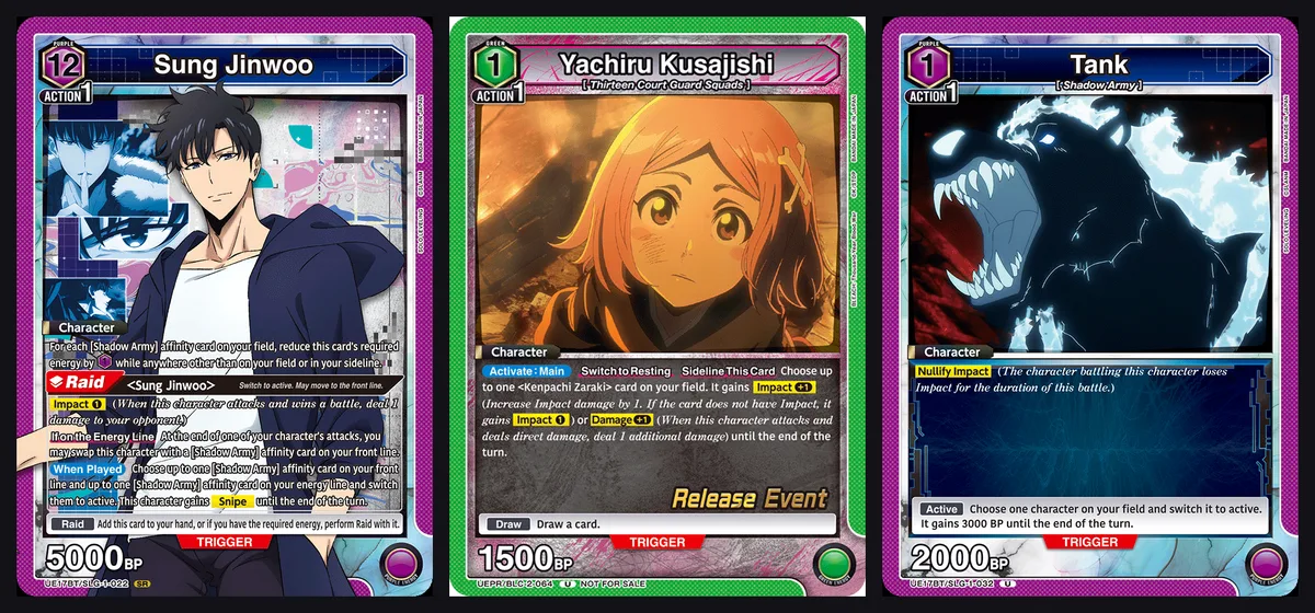 Union Arena cards Sung Jinwoo UE17BT/SLG-1-022 with Impact 1 and Snipe, the promo Yachiru Kusajishi UEPR/BLC-2-064 granting Impact +1 or Damage +1 to Kenpachi Zaraki, and Tank UE17BT/SLG-1-032 with Nullify Impact, shown side by side