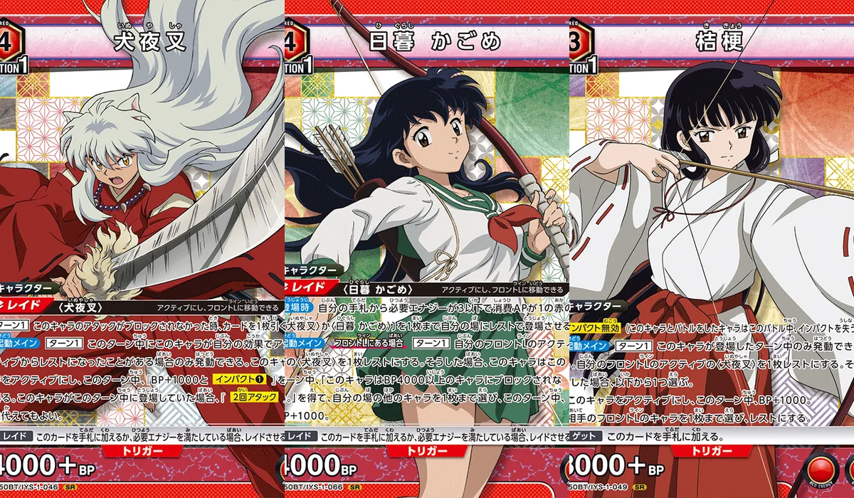 Inuyasha, Kagome Higurashi, and Kikyo Union Arena cards representing the Red color deck's tap-synergy core